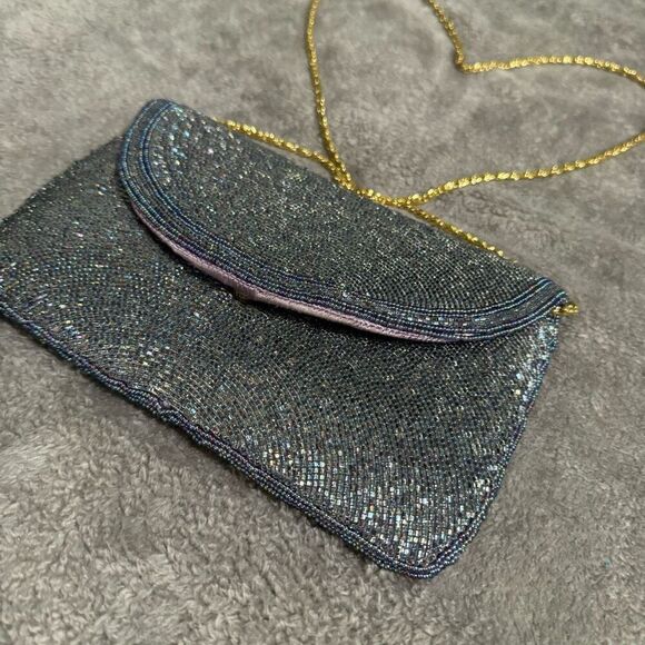 Elegant Blue Purple Beaded Evening Bag Clutch - Picture 4 of 10